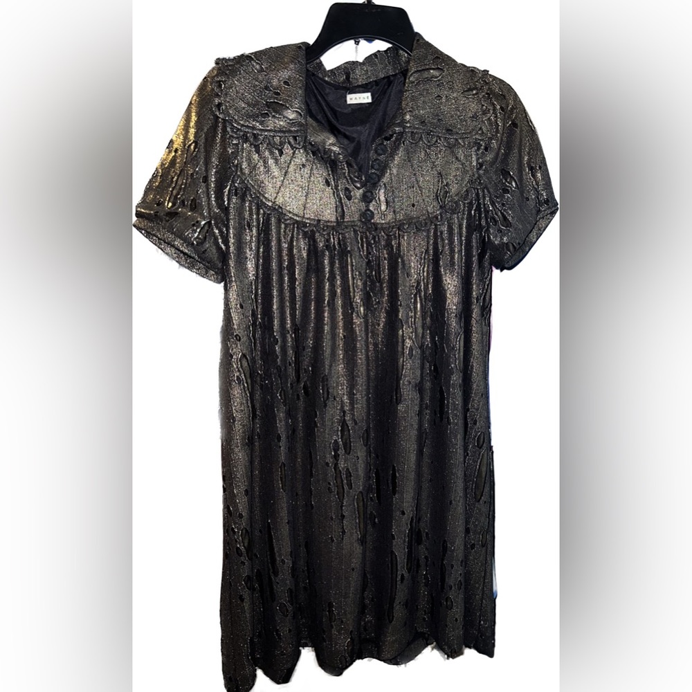 Wayne Metallic Black Gold Collard Button Dress with Distressed Look Barney’s NY